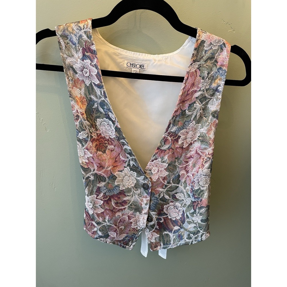 Vintage Cherokee Floral Tapestry Vest Women Small Multicolor V-Neck USA Made